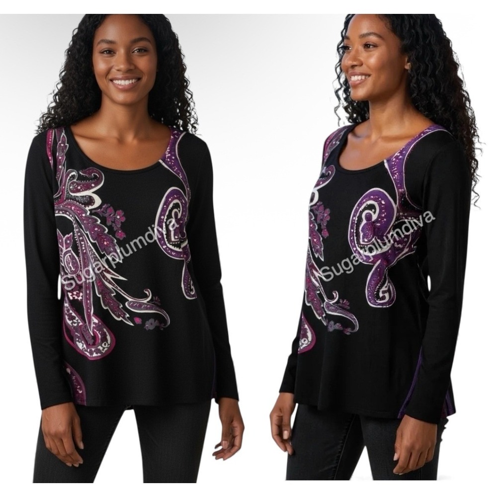 Choices Black Paisley Print Gem Embellished LS Sweater‎ XL Colorful Abstract